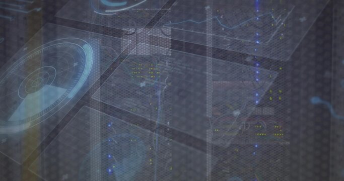 Displaying server rack assembly in data center, with holographic analytics overlay and LED lights - Powered by Adobe