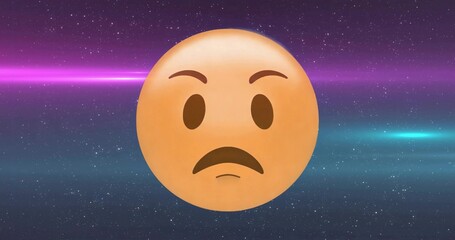 Glowing circular emoticon face floating in cosmic space, with neon-pink and neon-cyan streaks