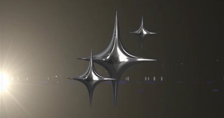 Rendering three chrome star shapes floating in dark gradient space, with bright white lens flare