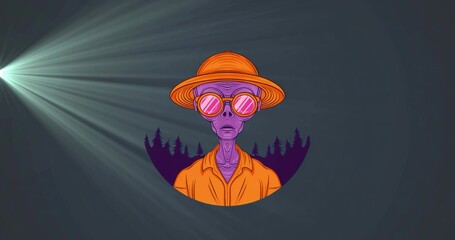 Showing alien wearing pink glasses and orange hat and shirt in circular forest, casting teal beams
