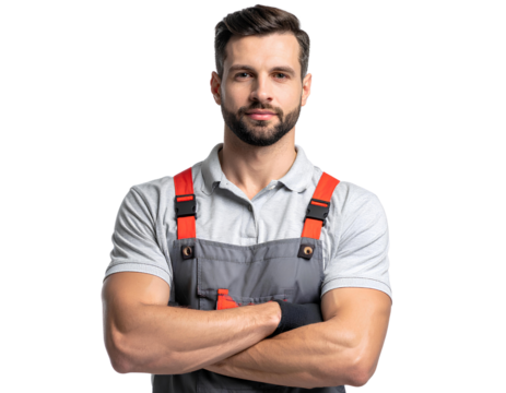 Mechanic standing with crossed arms on transparent background.