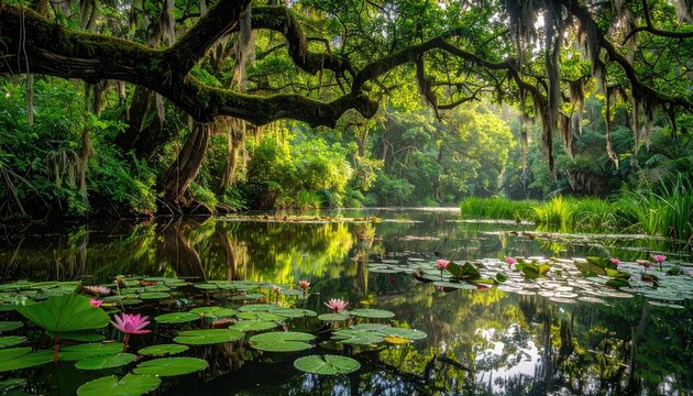 Tranquil Swamp Landscape With Pink Water Lilies and Spanish Moss Draped Live Oak Trees Bathed in Soft Golden Sunlight - Powered by Adobe