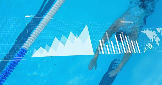 Gliding man wearing dark trunks through underwater pool lane, lane rope, digital charts, copy space - Powered by Adobe