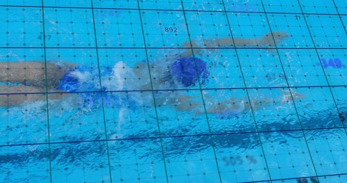 Swimming female athlete propelling in pool water, with swim cap, swimsuit, grid and numeric data - Powered by Adobe