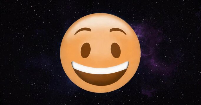 Displaying large orange smiling emoji face floating in star-filled outer space, with purple nebula