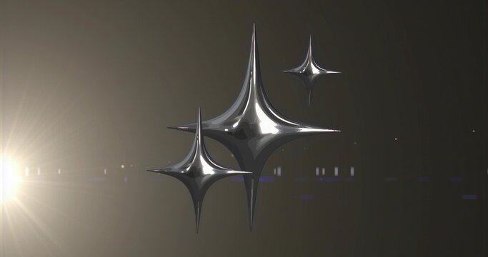Rendering three chrome star shapes floating in dark gradient space, with bright white lens flare