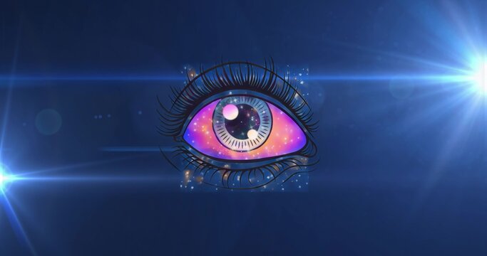 Naklejki Floating stylized eye with nebula iris glowing against deep blue cosmic backdrop, with lens flares