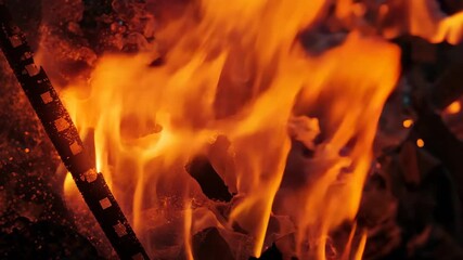 Flame licking film strip and igniting edge in fireplace, with burning embers and ash pile - Powered by Adobe