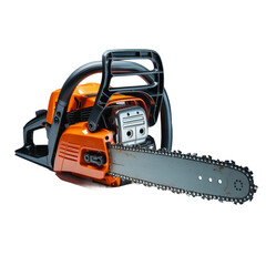 Fototapeta premium Professional orange and black chainsaw with long metal blade on transparent background