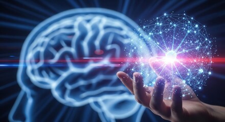 Man human hand holding a glowing sphere network. Brain power and artificial intelligence concept. Global communication and futuristic technology.
