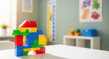 Colorful construction toy building on white table. Educational play activity for child development. Learning and creativity concept for kid.