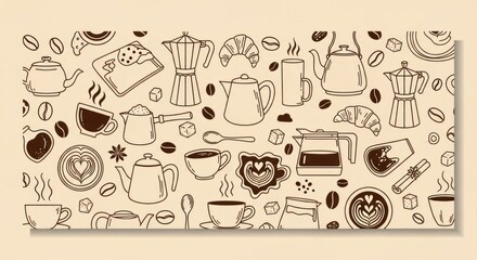 Hand-drawn coffee shop essentials cups, pots, pastries, beans, and latte art