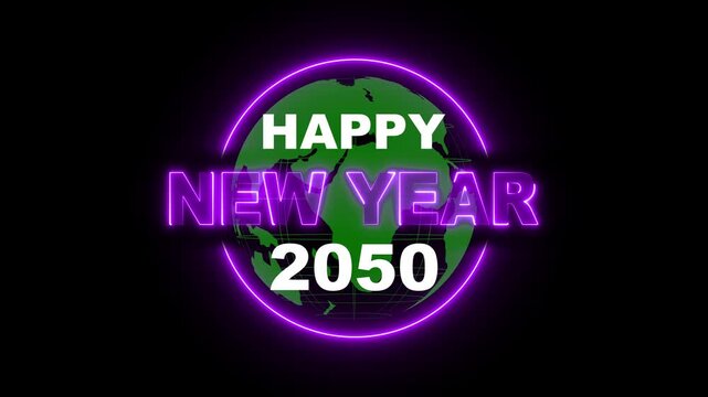 Animated Neon Happy New Year 2050 Text. Happy New Year 2050 - Festive Fireworks Background Greeting Card Banner. exploding, numbers, holidays, anniversary, countdown, happy new year, text, calendar