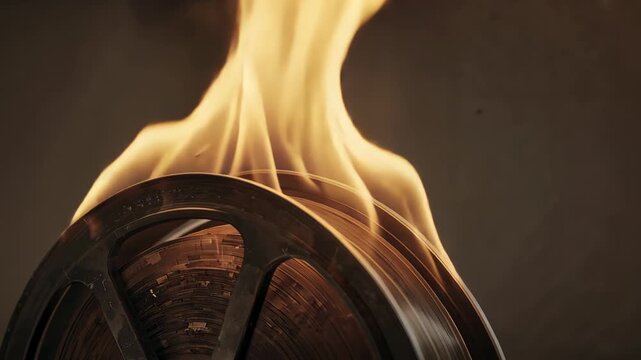 Flickering flame igniting antique film reel in workshop, with flame climbing burning film strip