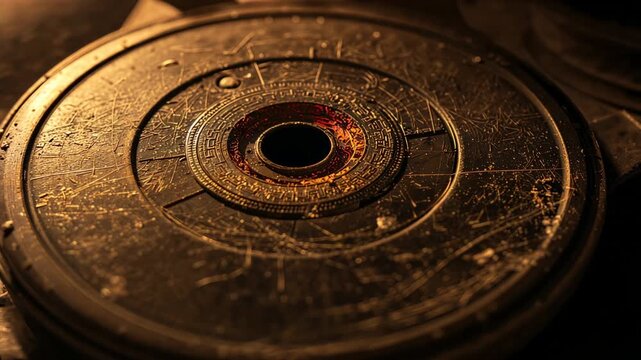 Flickering amber torchlight revealing metallic disc scratches dents burn marks in dim chamber