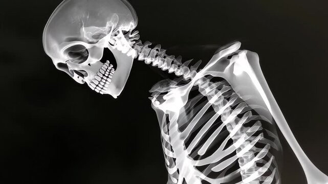 The skeletal structure of a bird is displayed in an x-ray, emphasizing the head, spine, and wings, showcasing anatomical details and natural posture.