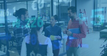 Project team analyzing financial data overlays on glass partition in office, with colored folders