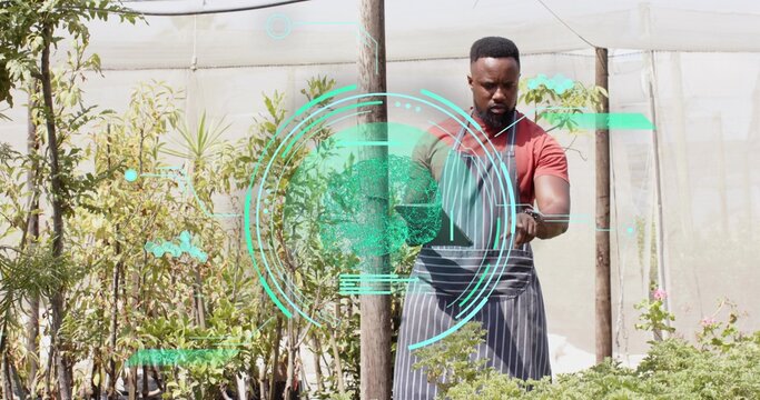 Inspecting African American gardener tending plants in plant nursery with smartwatch AR, copy space