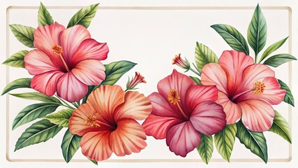 Fototapeta premium Watercolor Pink and Orange Hibiscus Flowers with Green Leaves and Gold Frame isolated on Transparent Background