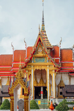 Front view of ornate Chalong Temple in Phuket, Thailand