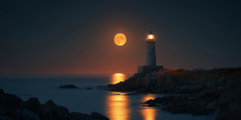 Fototapeta premium Beautiful lighthouse landscape with moonrise over water