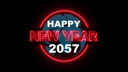 2057 Happy new year 2057 neon animated on rotating globe icon. Glowing Neon Light Happy New Year 2057 Text Reveal. Alpha Channel 