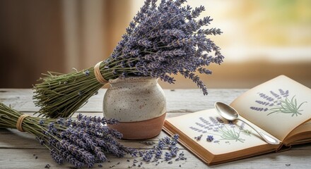 Lavender, book, and spoon on aged wood surface in soft, diffused sunlight