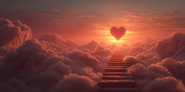 Glowing heart above stairway in golden sunlight clouds - Powered by Adobe