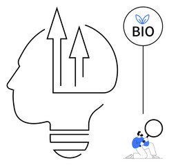 Human head lightbulb design with upward arrows and bio leaf, symbolizing eco-growth and innovation. Ideal for sustainability, green energy, technology, eco-research, environmental awareness