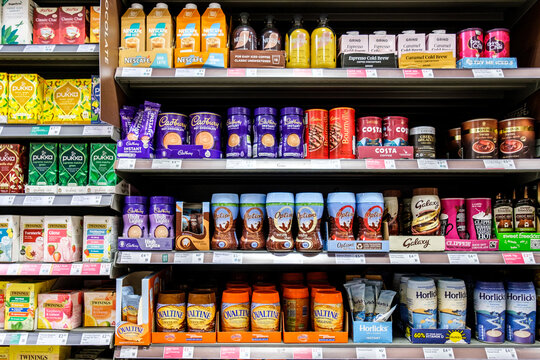 Selection Of Supermarket Hot Chocolate Drinks And Tea And Coffee