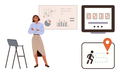 Businesswoman standing near data charts, KPI dashboard, and navigation progress visualization. Ideal for analytics, leadership, strategy, goal tracking, performance, decision-making simple flat