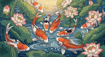 Koi fish harmony in a pond with lotus flowers, a colorful nature scene evoking tranquility and peace