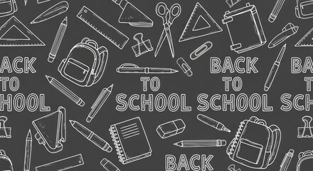 Chalkboard style pattern with school supplies and 'Back to School' text on dark background