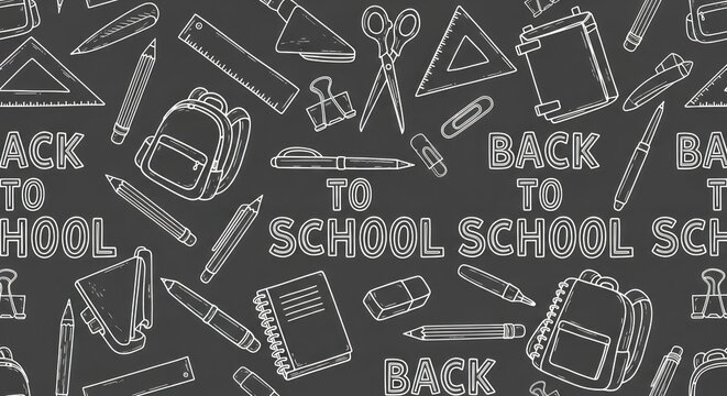 Chalkboard style pattern with school supplies and 'Back to School' text on dark background