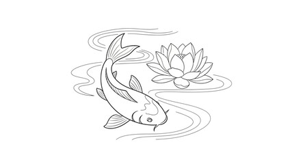 Graceful koi swims alongside a serene lotus blossom in stylized zen garden illustration