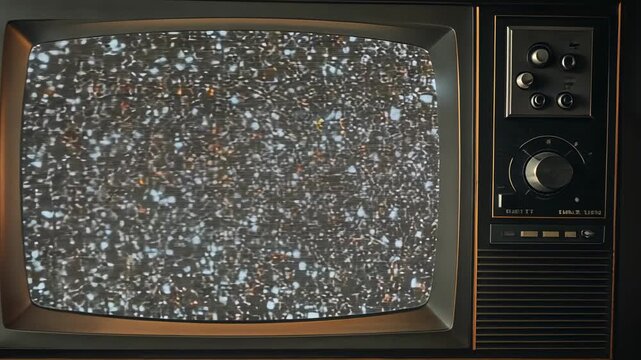 Powering on vintage CRT television projecting static in dark room while camera zooming in