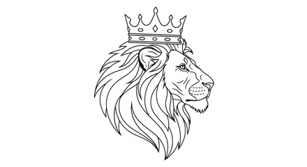 Regal Lion: A majestic black and white illustration of a lion wearing a crown side view profile