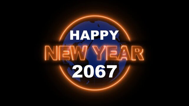 2067 Happy new year 2067 neon animated on rotating globe icon. Glowing Neon Light Happy New Year 2067 Text Reveal. Alpha Channel 