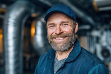 HVAC Smiling Technician at Work: Maintenance & Repair of Ventilation & Heating System