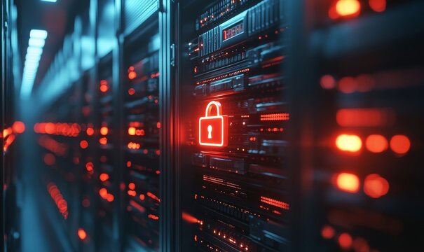 Futuristic cybersecurity with a padlock on a server door for privacy policy protection. Abstract network and firewall systems ensuring database safety against virus, malware, hacking, Generative AI