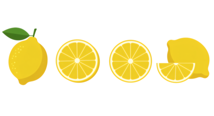 A whole lemon with a green leaf two lemon slices and a wedge of lemon isolated on transparent background