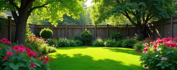 Obraz premium A lush green backyard with vibrant flowers, a wooden fence, and mature trees providing shade Perfect for relaxation and outdoor activities Enjoy the tranquil scene , home, wood, summer