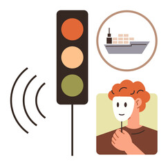 Traffic light with sound waves, cargo ship with containers, and person holding mask. Ideal for international trade, ethics, shipping, regulation, deception logistics transparency. Simple flat