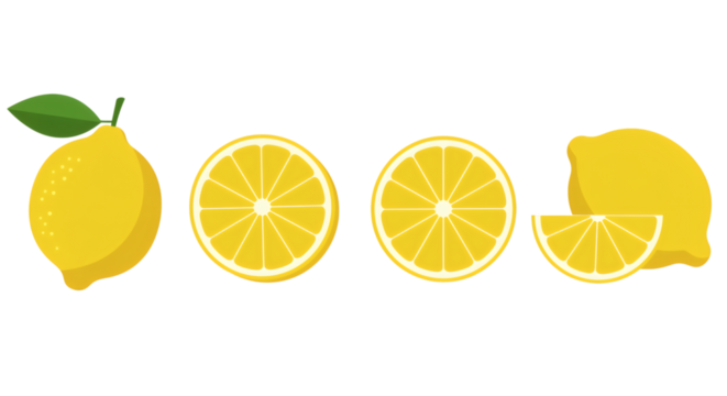 A whole lemon with a green leaf two lemon slices and a wedge of lemon isolated on transparent background