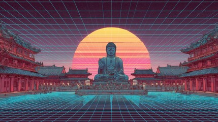 Imperial Grid: 80s Cyberpunk Perspective with Asian Temple in Retro Synthwave Style