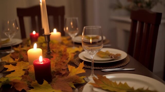 Elegant autumn table setting with glowing candles and fallen leaves creates a warm, inviting atmosphere for Thanksgiving or family gatherings.