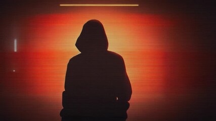 Under horizontal lamp hooded figure displaying sliding glitch bar scanlines and band over backlight - Powered by Adobe