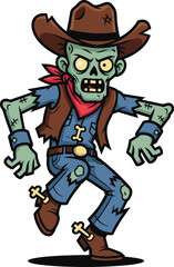 Zombie cowboy character, cartoon undead sheriff, horror western illustration, spooky gunslinger vector, Halloween monster design, creepy wild west theme, scary outlaw art