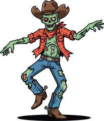 Zombie cowboy in dynamic pose, cartoon undead western character, horror Halloween illustration, spooky wild west concept, creepy gunslinger design, tattered outfit scene