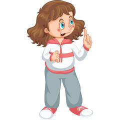 Pixel Art Young Girl With Brown Wavy Hair Wearing Pink Trimmed Hoodie and Gray Pants Pointing Upwards With Index Finger on Transparent Background